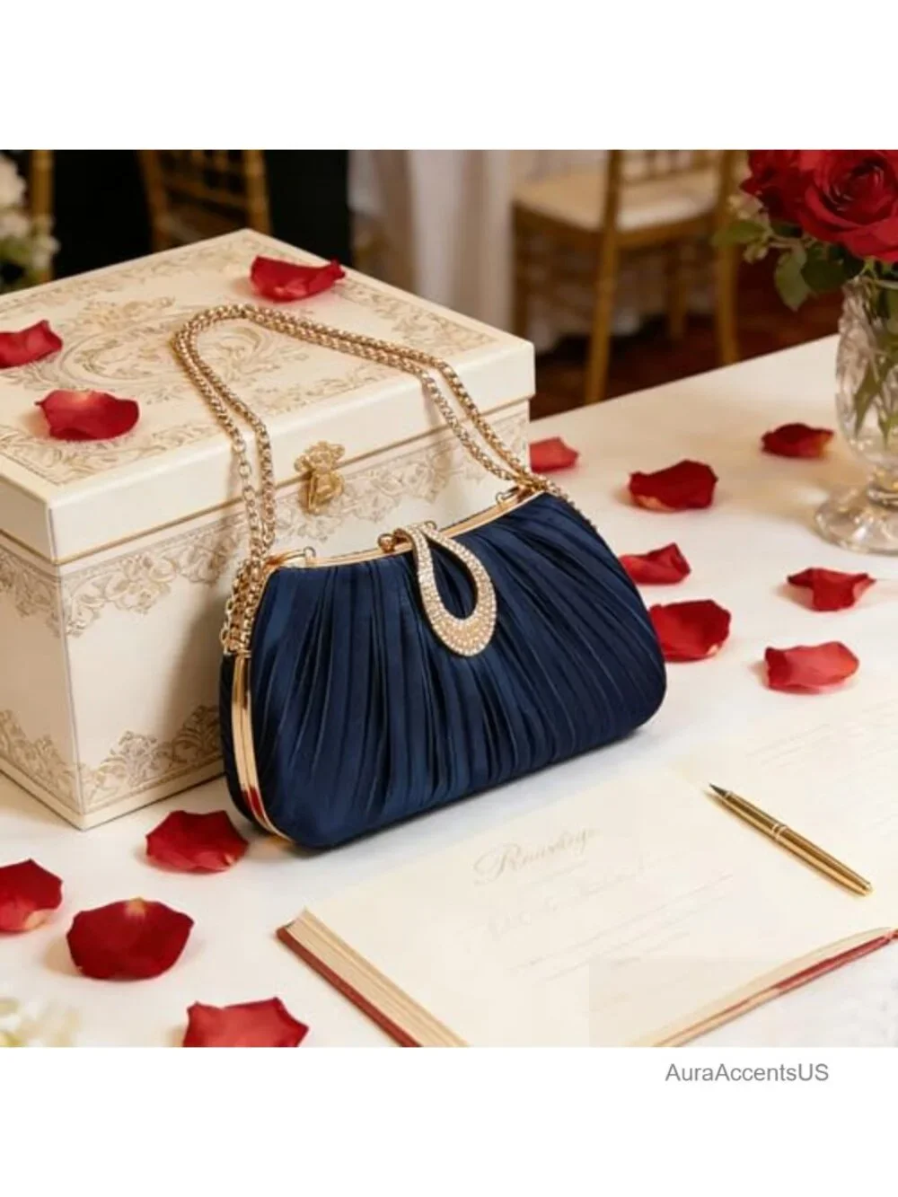 Pleated Satin Clutch Evening Bag with Rhinestone Clasp Detachable Chain Formal